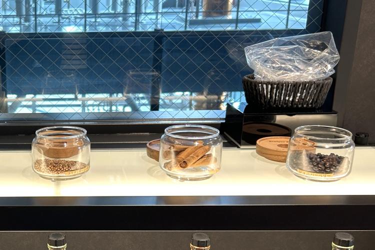 ジンに欠かせないジュニパーベリー（右）。シナモン（中）やコリアンダーシード（左）もよく使われる